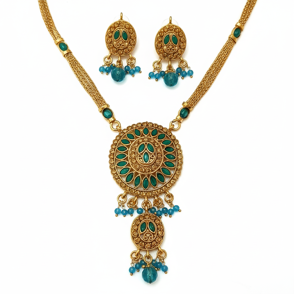 JewelMaze Gold Plated Blue Austrian Stone Necklace Set