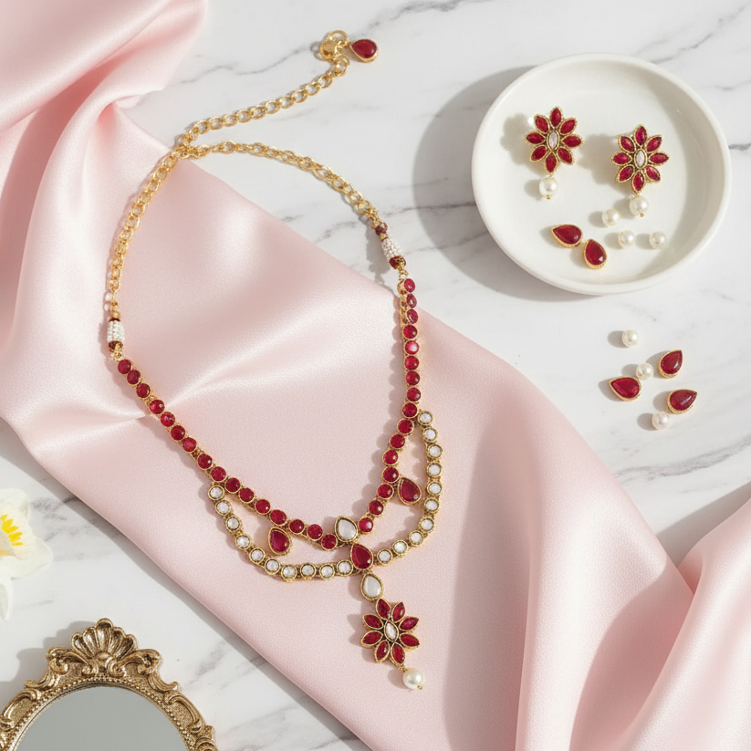 JewelMaze Gold Plated Pink Kundan Stone Necklace Set