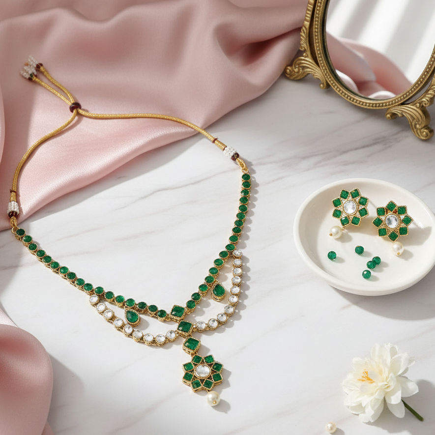 JewelMaze Gold Plated Green Kundan Stone Necklace Set