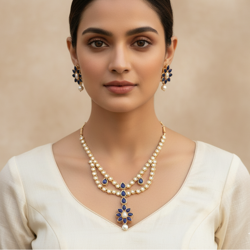 JewelMaze Blue Kundan Stone Gold Plated Necklace Set