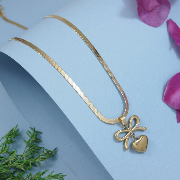 JewelMaze Stainless steel Bow Heart Pendent Necklace