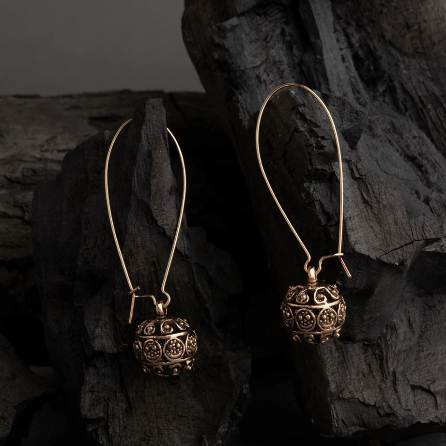 JewelMaze Gold / Silver Plated Long Hook Closure Hanging Designed Artwork Ball Antique Earring