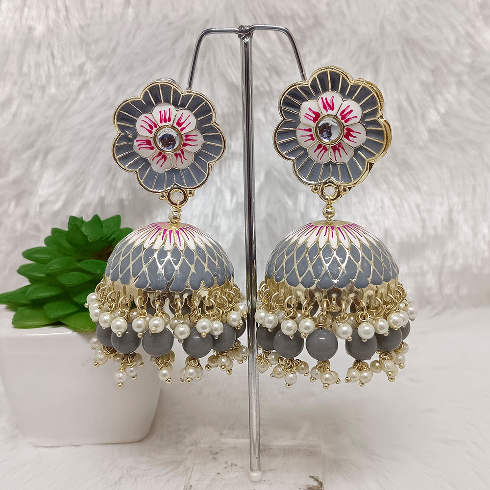 JewelMaze Gold Plated Meenakari Jhumki Earrings - JW-10101058GY ( Art No. 469469597001 )