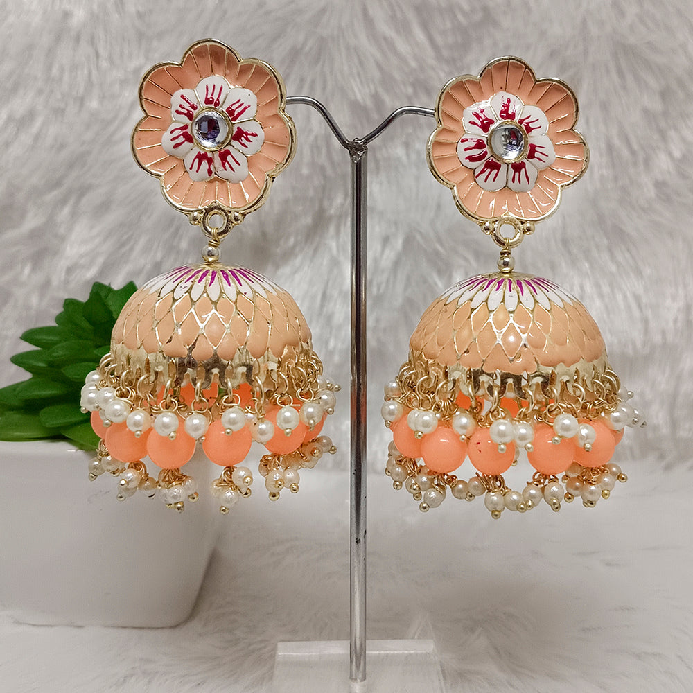 JewelMaze Gold Plated Meenakari Jhumki Earrings - JW-10101058PE ( Art No. 469469599001 )