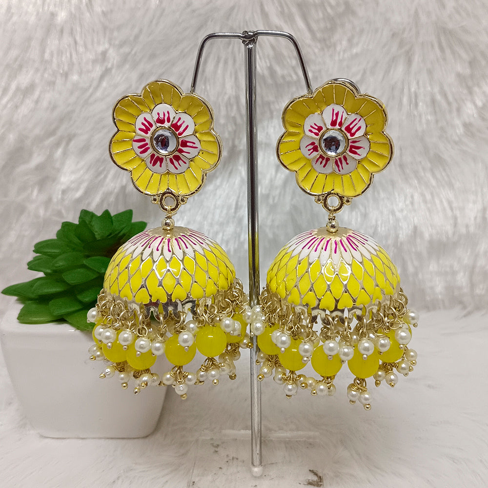 JewelMaze Gold Plated Meenakari Jhumki Earrings - JW-10101058YE ( Art No. 469469600001 )