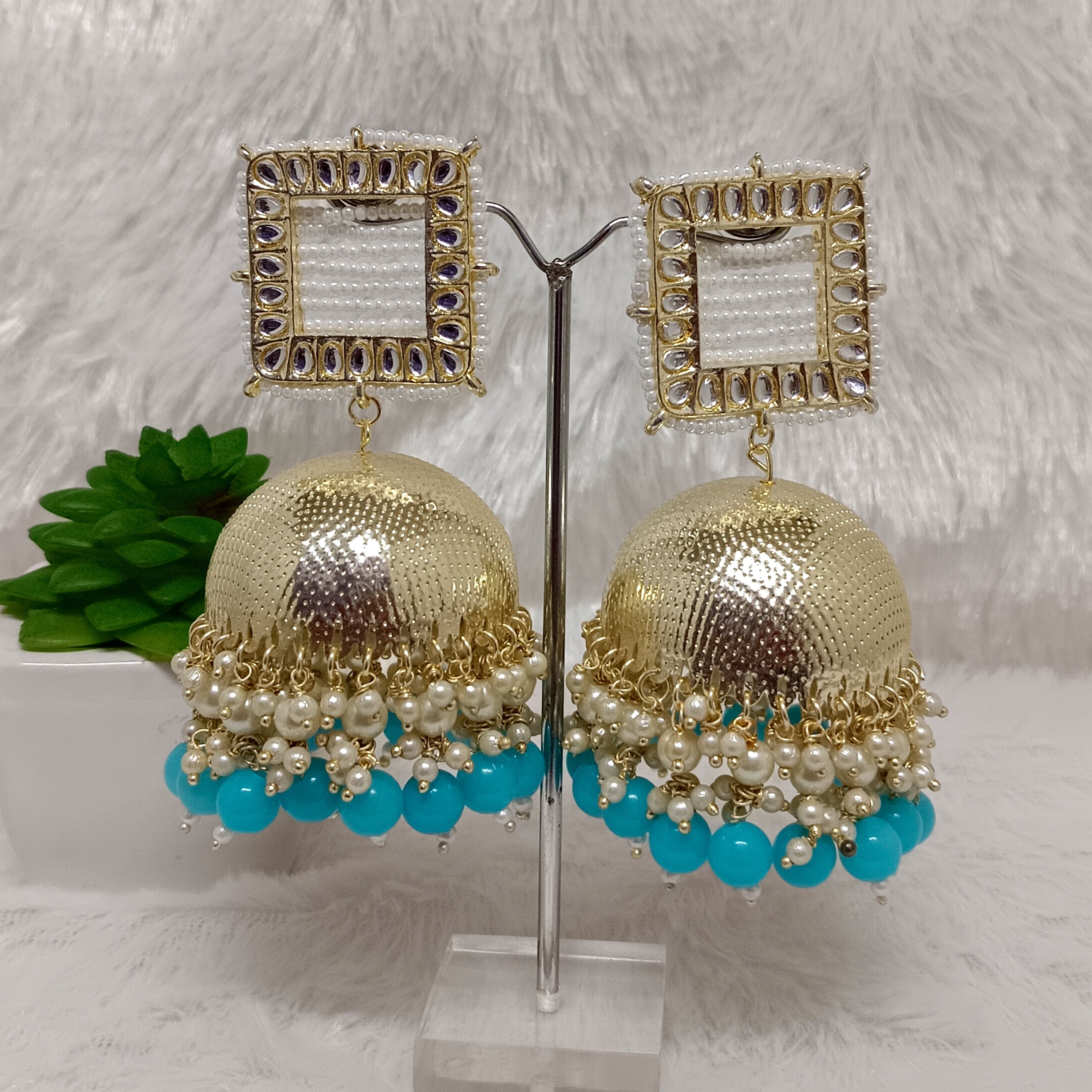 Bhavi Jewels Gold Plated Kundan Stone & Beads Jhumkis Earrings