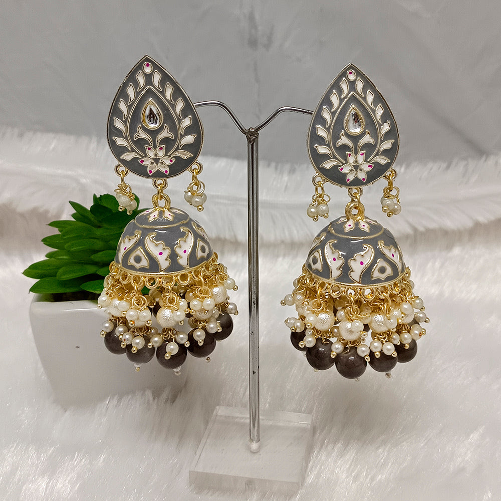JewelMaze Gold Plated Meenakari Jhumkis Earrings - JW-10161014GY ( Art No. 469469604001 )