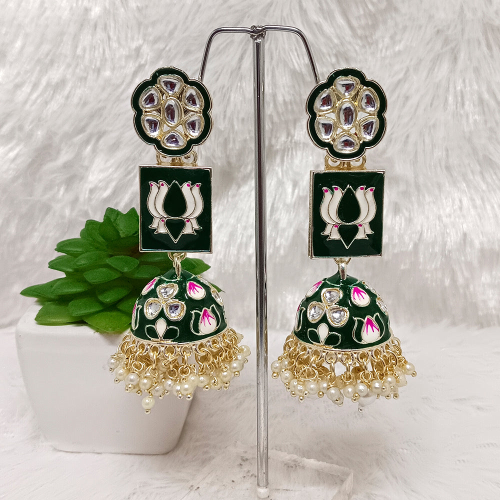 JewelMaze Gold Plated Meenakari Jhumkis Earrings - JW-10161020GR ( Art No. 469469608001 )
