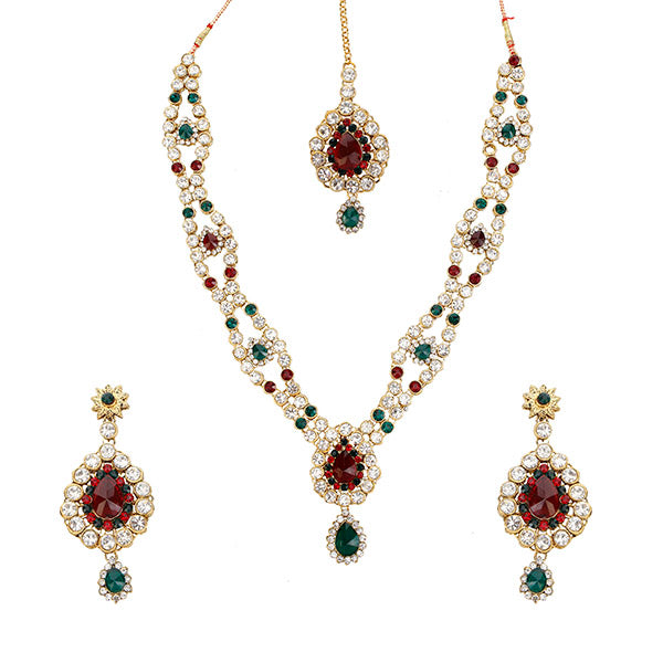 Kriaa Maroon Austrian Stone Necklace Set With Maang Tikka