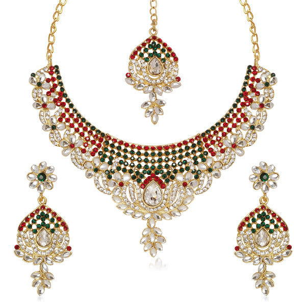 Kriaa Gold Plated Maroon & Green Austrian Stone Necklace Set With Maang Tikka