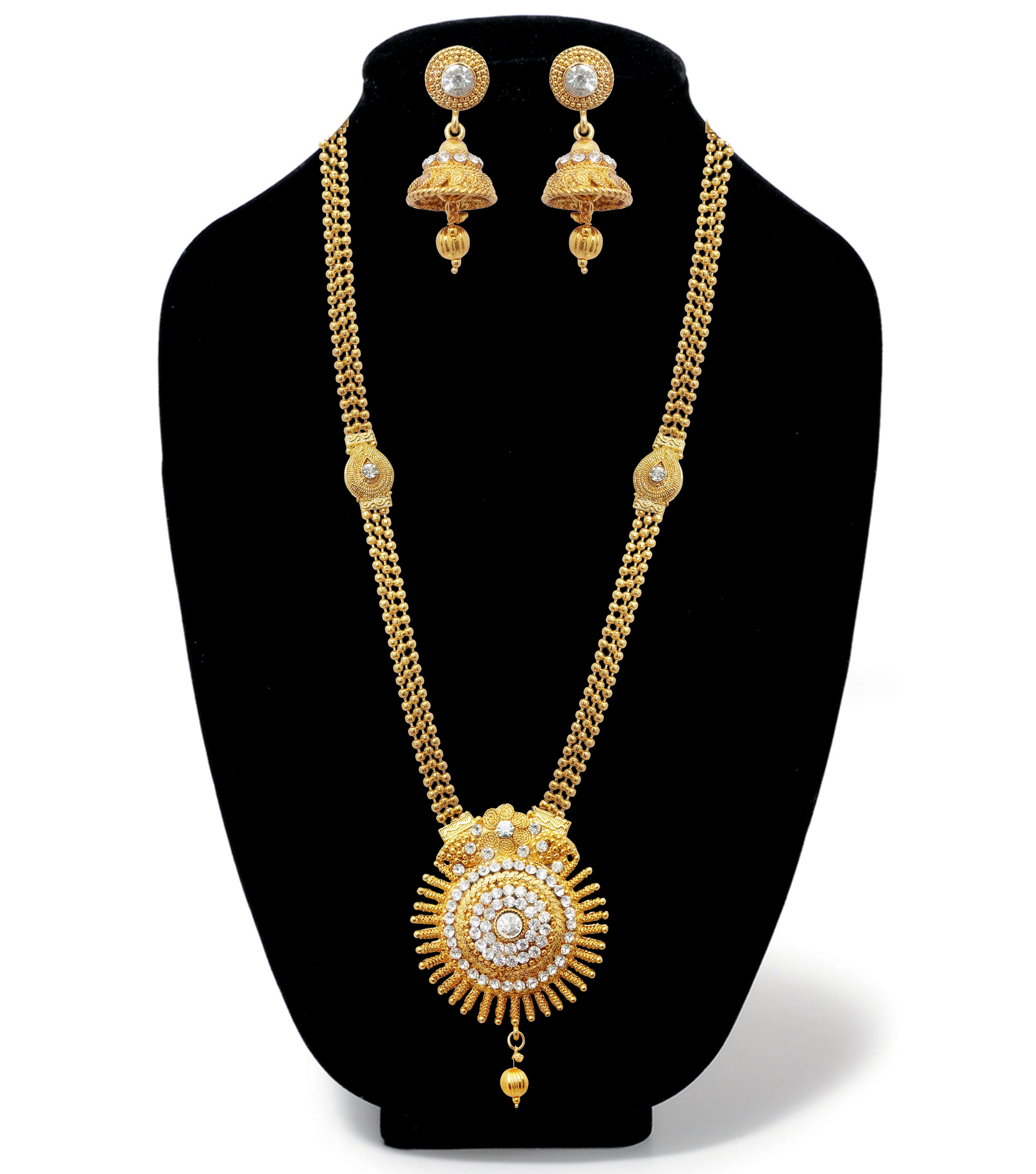 Kriaa Gold Plated White Austrian Stone Long Haram Necklace Set