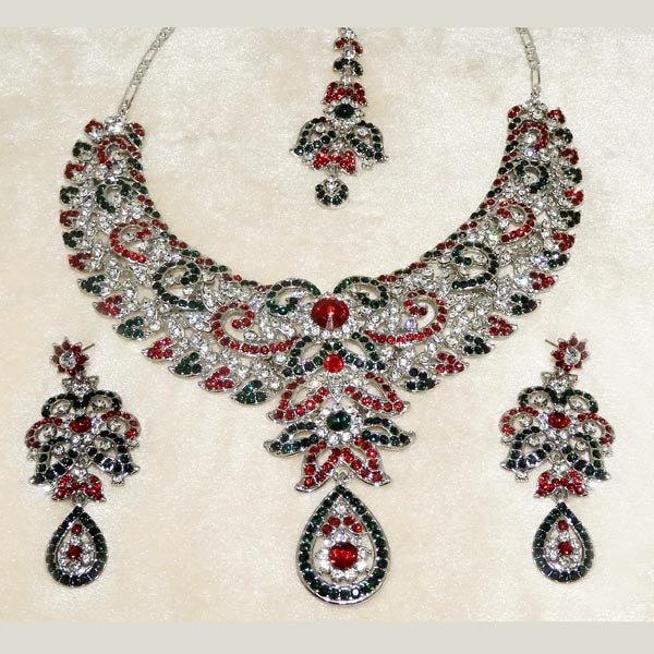 Devnath Art Silver Plated Austrian Stone Necklace Set With Maang Tikka