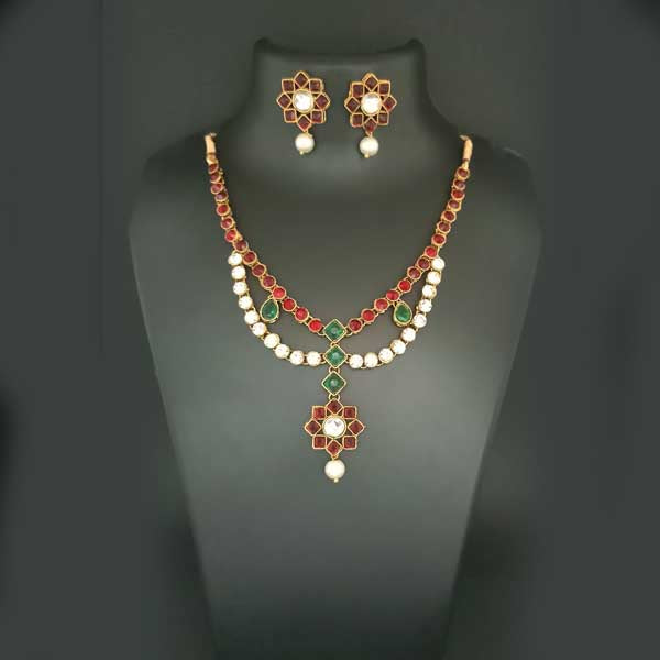 Midas Touch Maroon Kundan Stone Gold Plated Necklace Set
