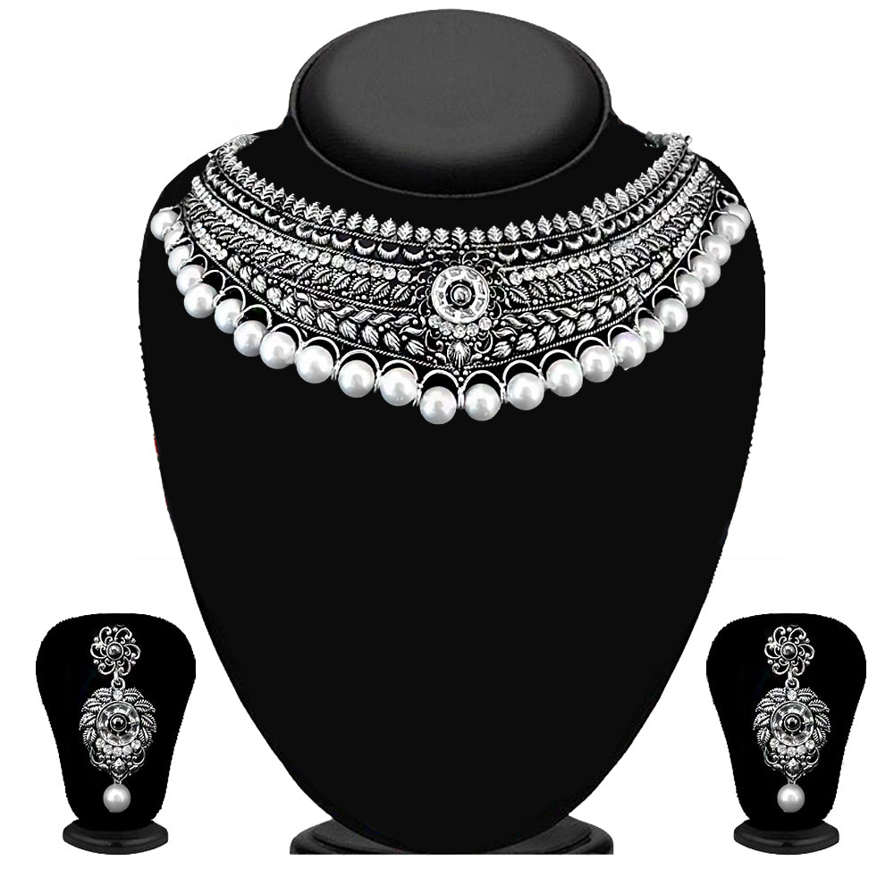 JewelMaze Oxidised Plated Austrian Stone & Pearl Choker Necklace Set
