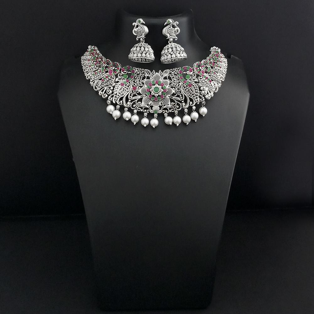 JewelMaze Oxidised Plated Pink & Green Pota Stone Choker Necklace Set