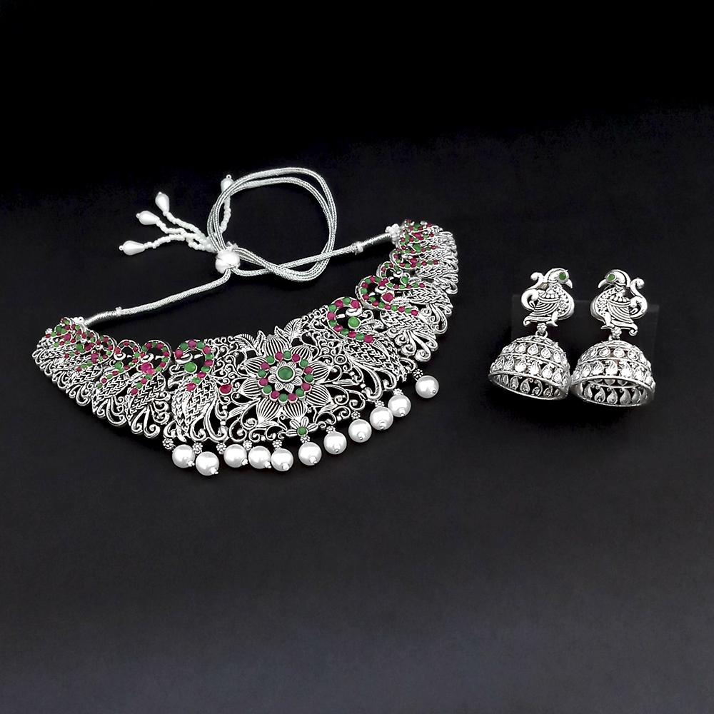 JewelMaze Oxidised Plated Pink & Green Pota Stone Choker Necklace Set