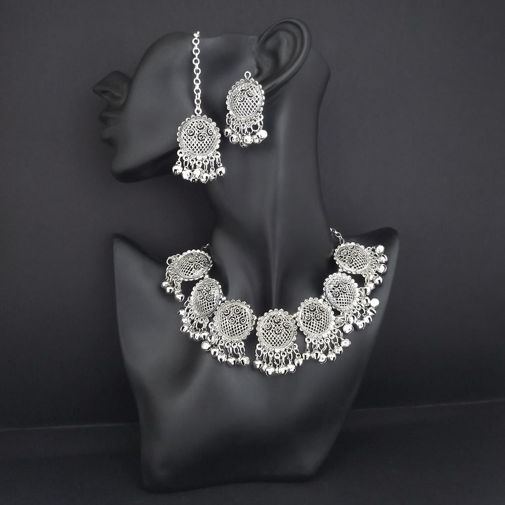 JewelMaze Oxidised Plated Black Meenakari Necklace Set With Maang Tikka