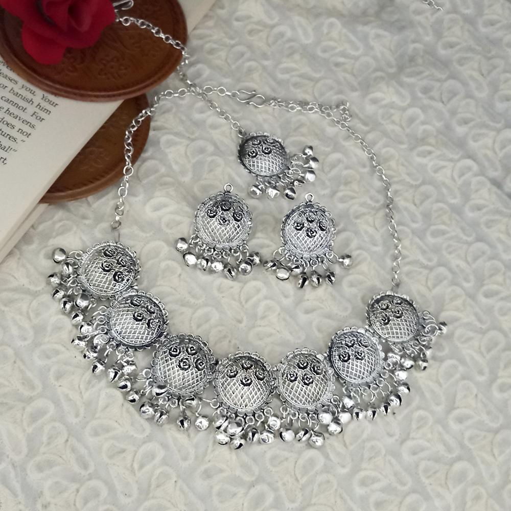 JewelMaze Oxidised Plated Black Meenakari Necklace Set With Maang Tikka