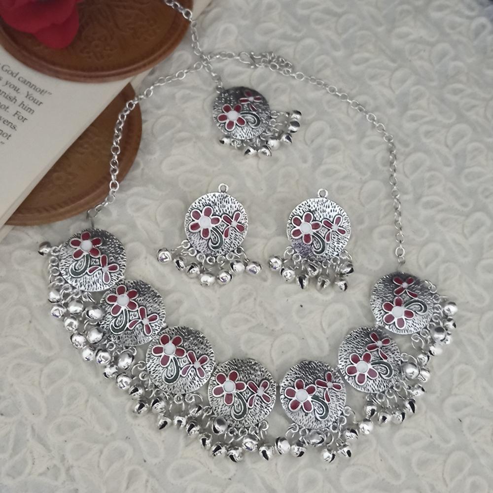 JewelMaze Oxidised Plated Red Meenakari Necklace Set With Maang Tikka