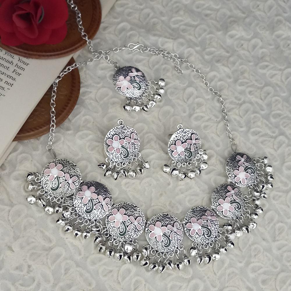 JewelMaze Oxidised Plated Peach Meenakari Necklace Set With Maang Tikka