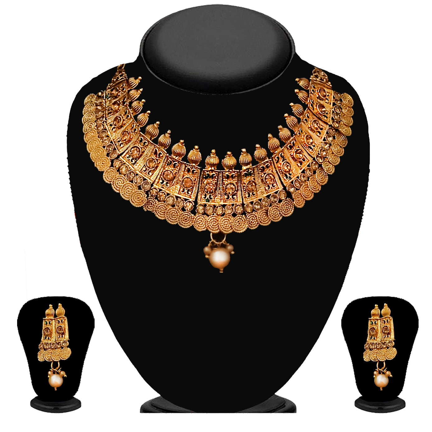 JewelMaze  Brown Austrian Stone Gold Plated Traditional Choker Necklace Set