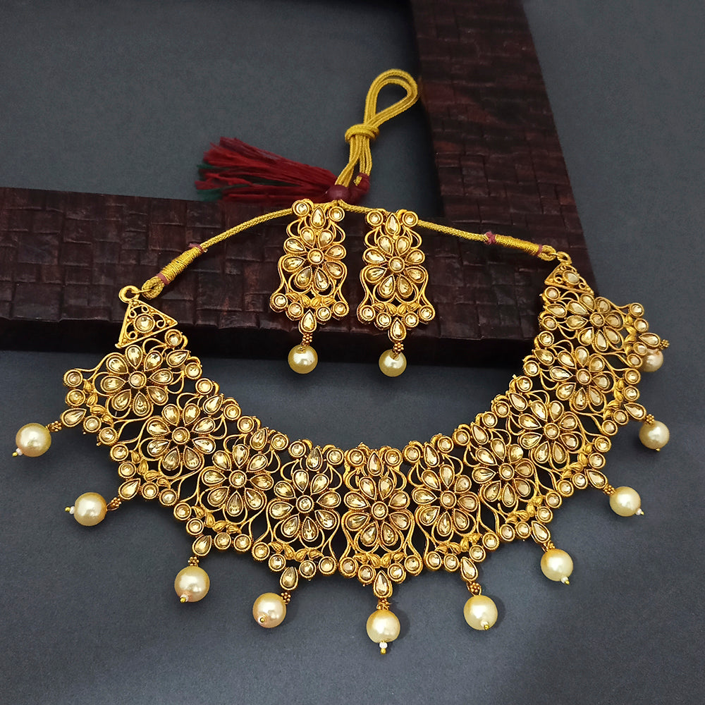 JewelMaze Brown Kundan Stone Gold Plated Traditional Choker Necklace Set