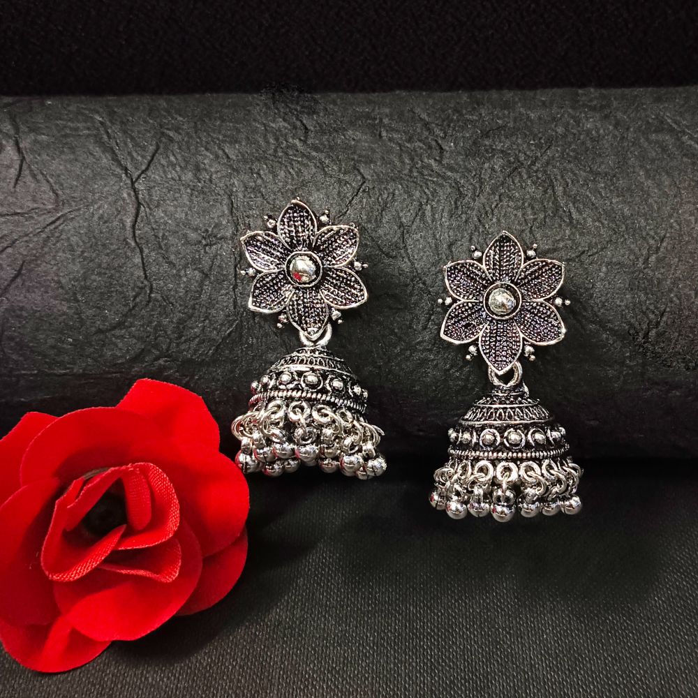 Woma Oxidised Plated Floral Jhumki Earrings - 11451087