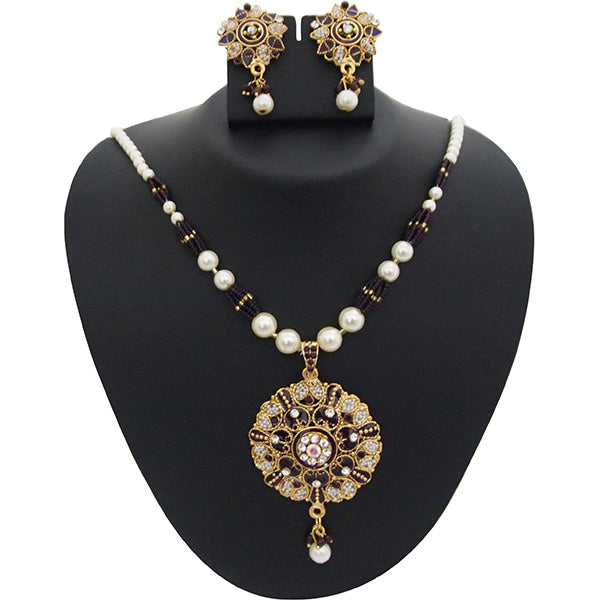 Kriaa Purple Meenakari Austrian Stone Pearl Pendant Set