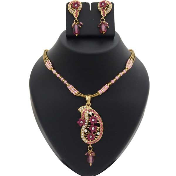Kriaa Pink Austrian Stone Floral Gold Plated Pendant Set