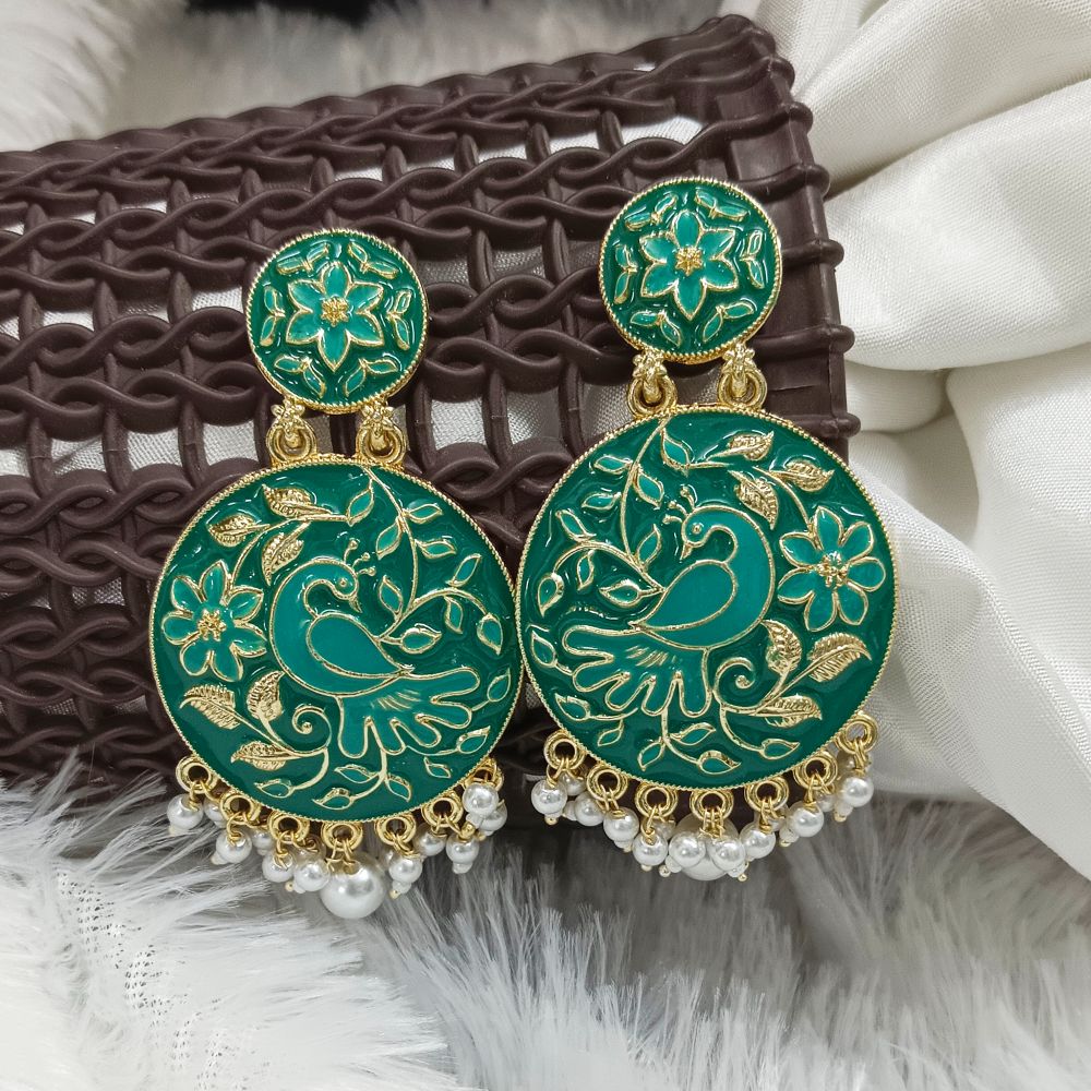 JewelMaze Gold Plated Meenakari Peacock Dangler Earrings