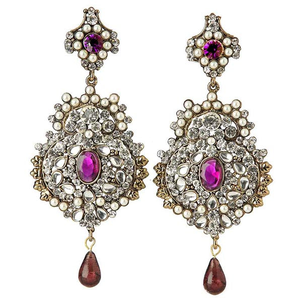 Kriaa Purple Austrian Stone Pearl Dangler Earrings