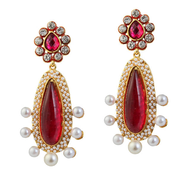 Kriaa Red Austrian Stone Pearl Gold Plated Dangler Earrings