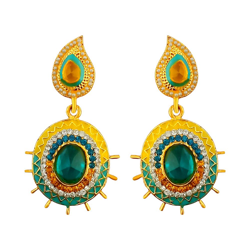 Kriaa Gold Plated Blue And Brown Austrian Stone And Meenakari Dangler Earrings - 1304603A