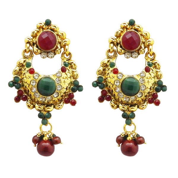 Kriaa Maroon And Green Stone Gold Plated Dangler Earrings