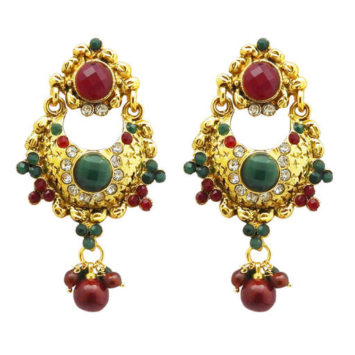 Kriaa Maroon And Green Stone Gold Plated Dangler Earrings
