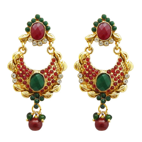 Kriaa Maroon And Green Stone Gold Plated Dangler Earrings