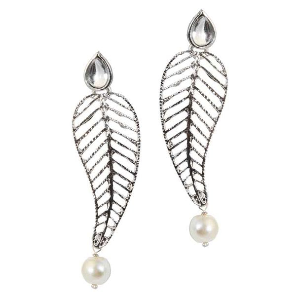 Kriaa Silver Plated  Leaf Design Kundan Dangler Earrings