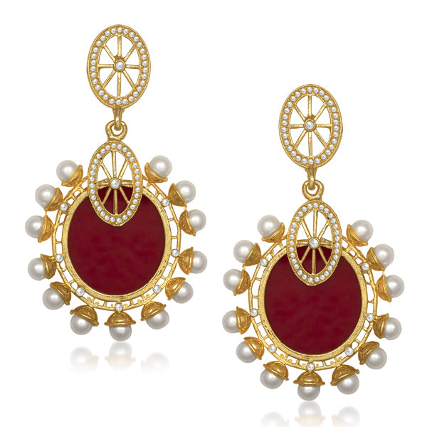 Kriaa Maroon Resin Pearl Gold Plated Dangler Earrings