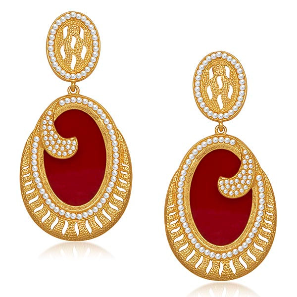 Kriaa Maroon Resin Stone Pearl Dangler Earrings