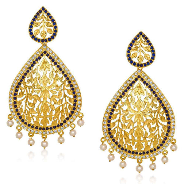 Kriaa Austrian Stone Blue Pearl Gold Plated Dangle Earrings