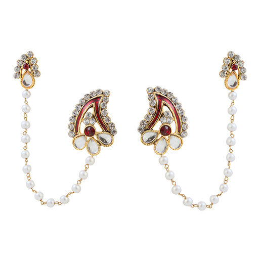 Kriaa Kundan Red Meenakari Pearl Chain Ear Cuff