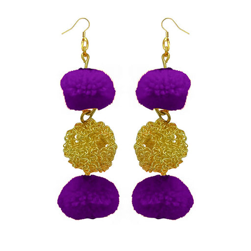 Jeweljunk Gold Plated Purple Pompom Thread Earrings