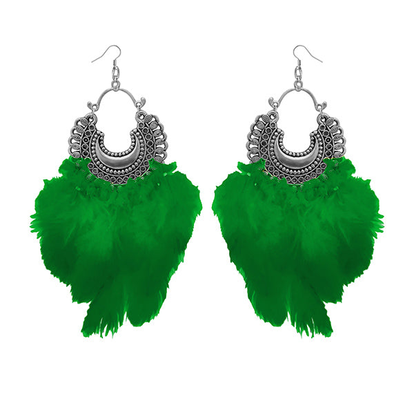 Jeweljunk Green Feather Rhodium Plated Afghani Earrings