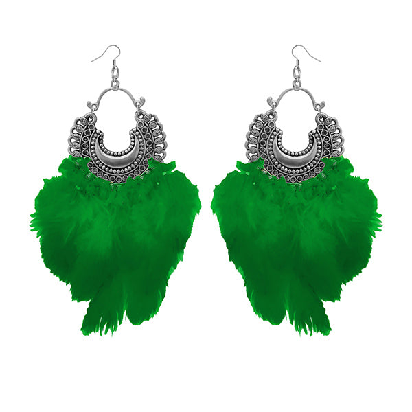 Jeweljunk Green Feather Rhodium Plated Afghani Earrings