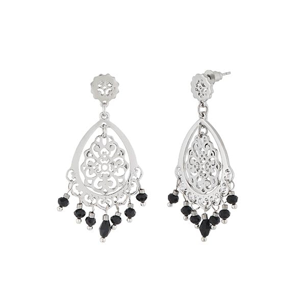 Urthn Black Beads Silver Plated Dangler Earrings