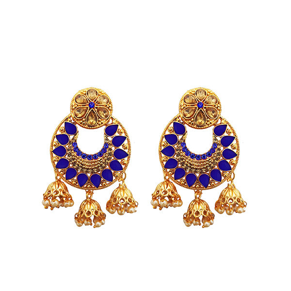 Shreeji Blue Austrian Stone Gold Plated Dangler Earrings