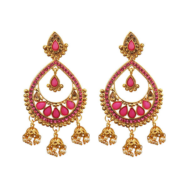 Shreeji Pink Austrian Stone Gold Plated Dangler Earrings