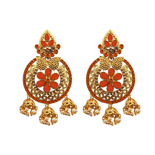 Shreeji Orange Austrian Stone Gold Plated Dangler Earrings