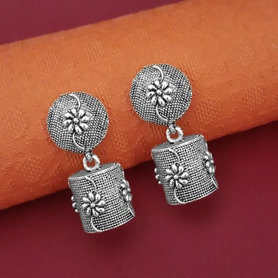 JewelMaze Oxidised Plated Floral Jhumki Earrings
