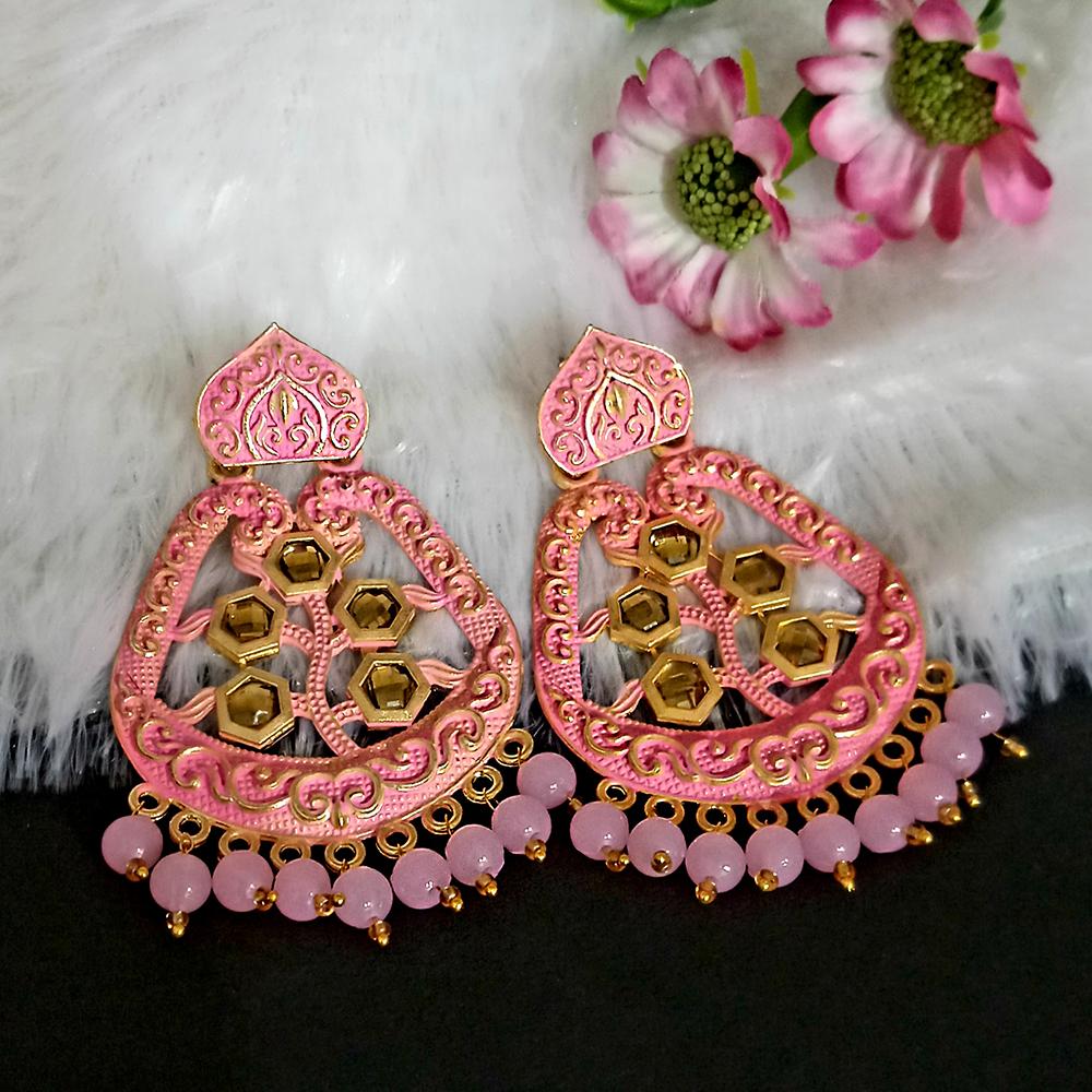 JewelMaze Pink Matte Meenakari Dangler Beads Drop Earrings -1318002C